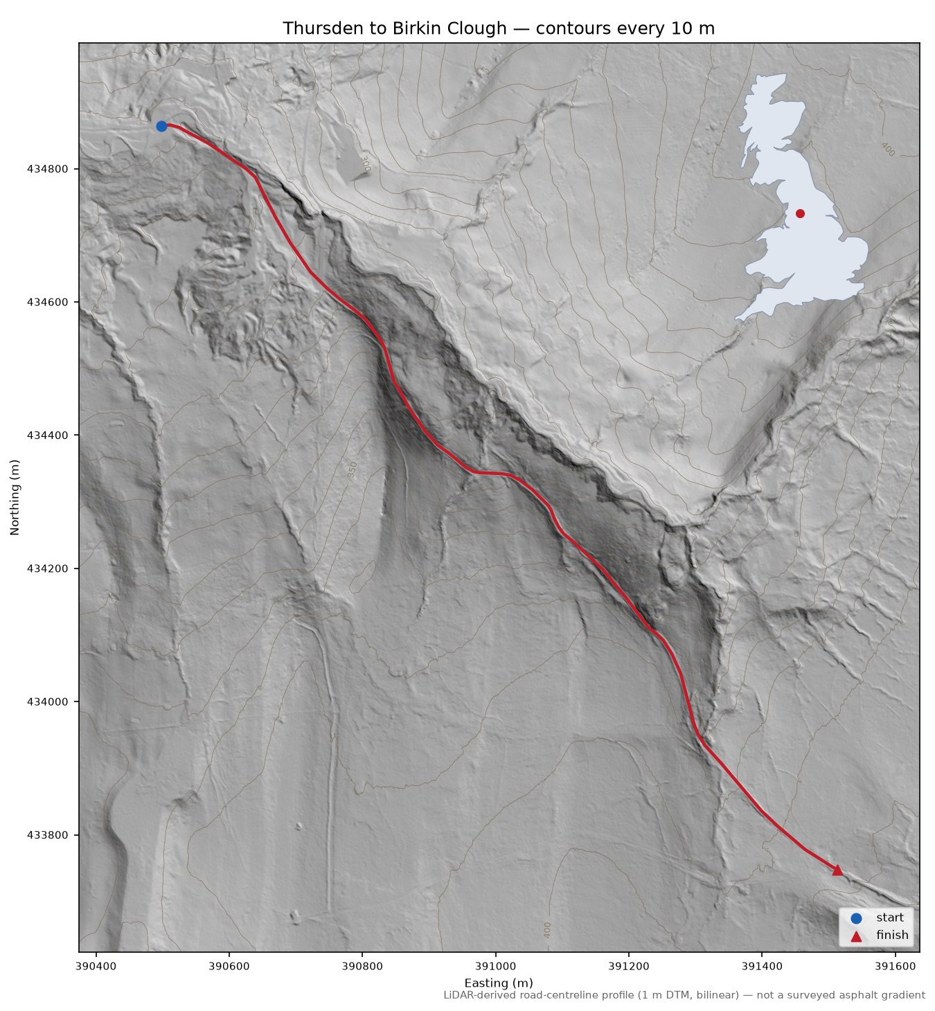 Thursden to Birkin Clough LiDAR hillshade map with contours