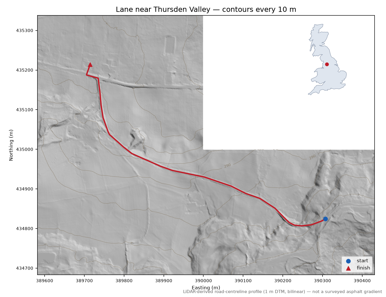 Lane near Thursden Valley LiDAR hillshade map with contours