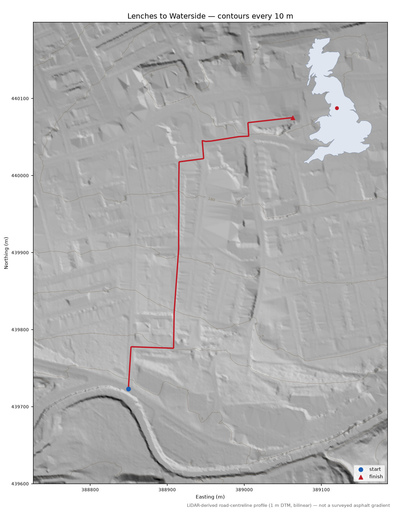 Lenches to Waterside LiDAR hillshade map with contours