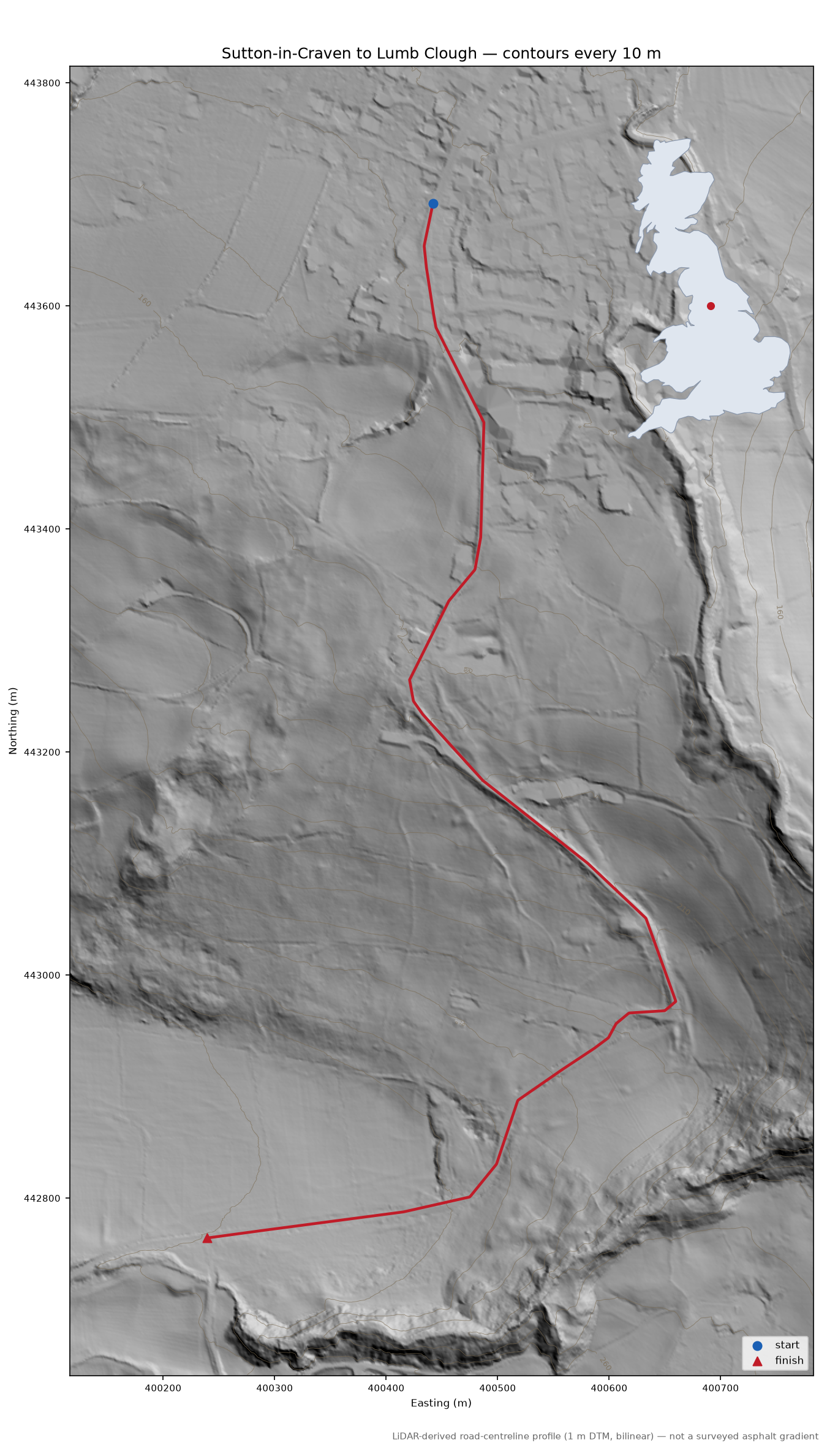 Sutton-in-Craven to Lumb Clough LiDAR hillshade map with contours