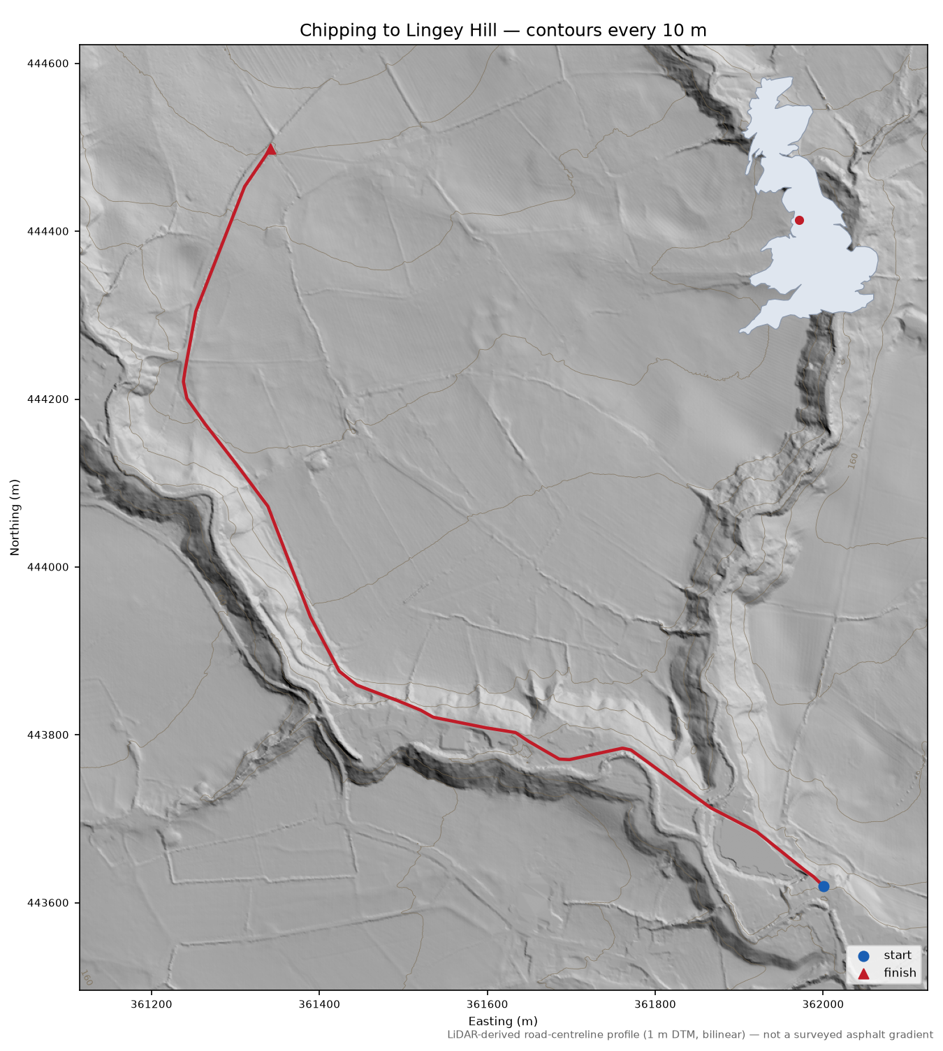 Chipping to Lingey Hill LiDAR hillshade map with contours