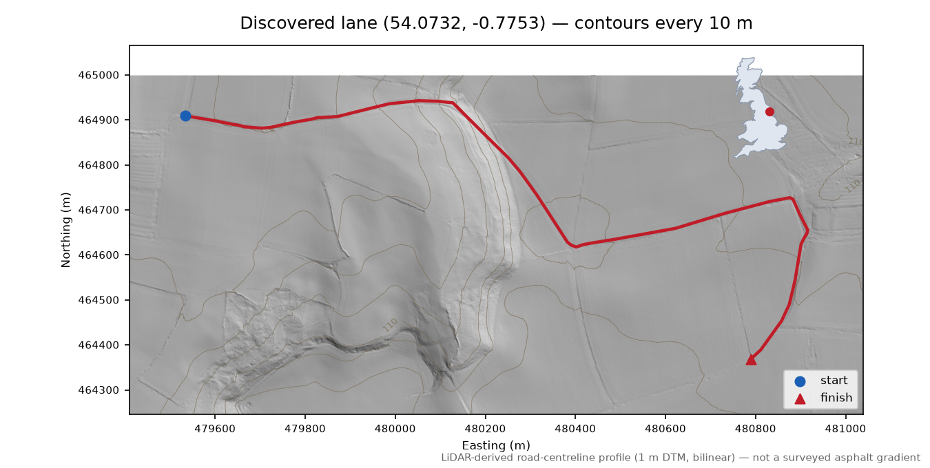 Burythorpe to Lang Hill LiDAR hillshade map with contours