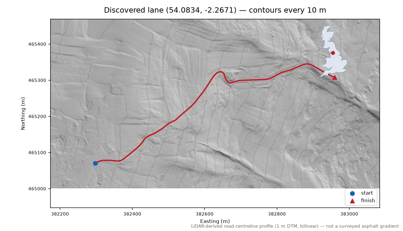 Lane near Langcliffe LiDAR hillshade map with contours