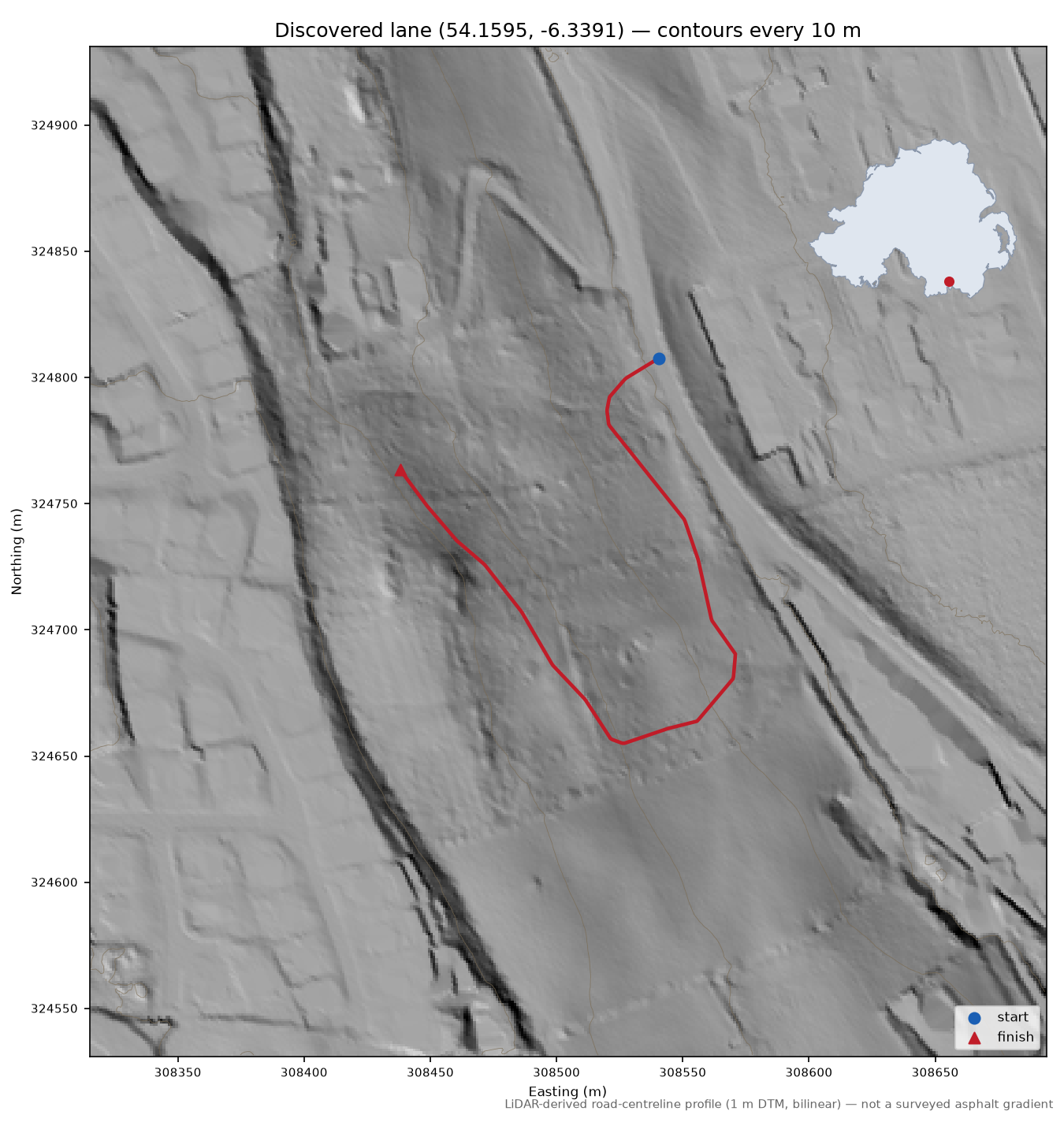 Discovered lane (54.1595, -6.3391) LiDAR hillshade map with contours