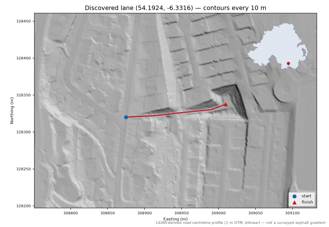 Discovered lane (54.1924, -6.3316) LiDAR hillshade map with contours