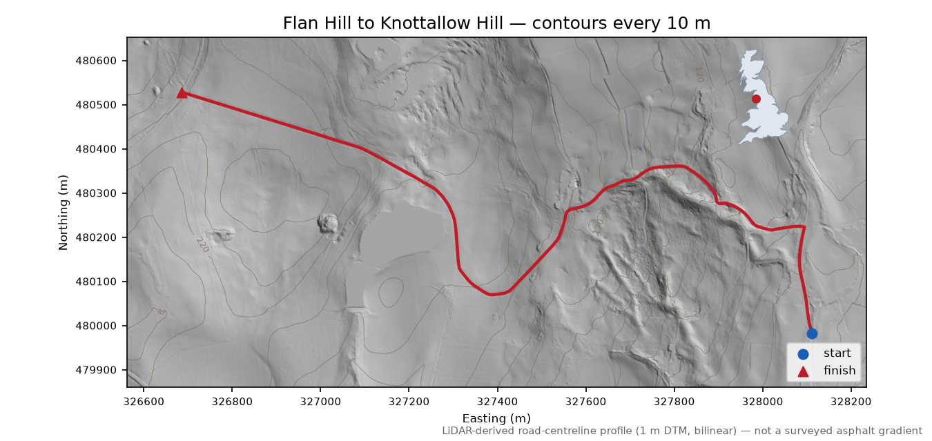 Flan Hill to Knottallow Hill LiDAR hillshade map with contours