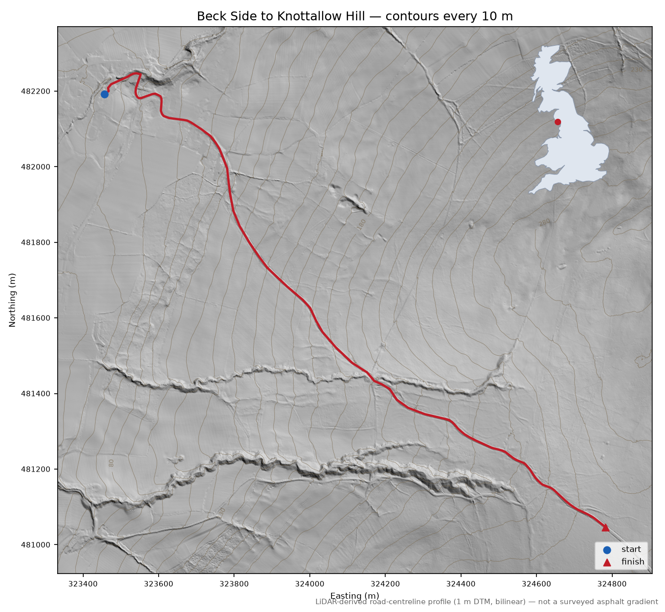 Beck Side to Knottallow Hill LiDAR hillshade map with contours
