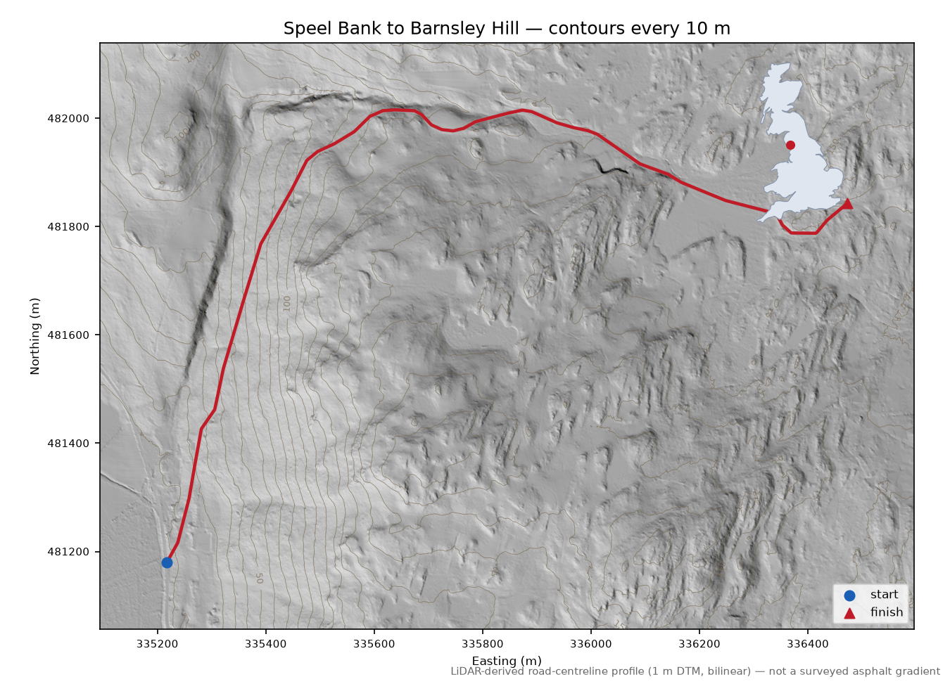 Speel Bank to Barnsley Hill LiDAR hillshade map with contours
