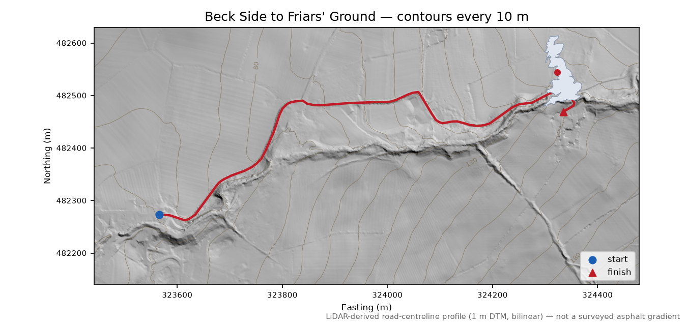 Beck Side to Friars' Ground LiDAR hillshade map with contours