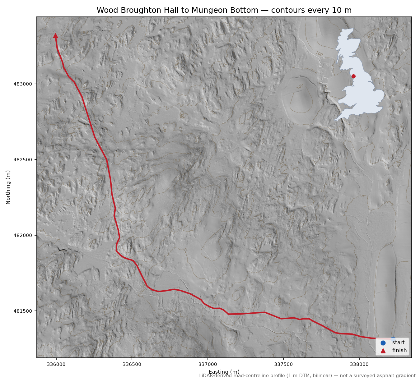 Wood Broughton Hall to Mungeon Bottom LiDAR hillshade map with contours
