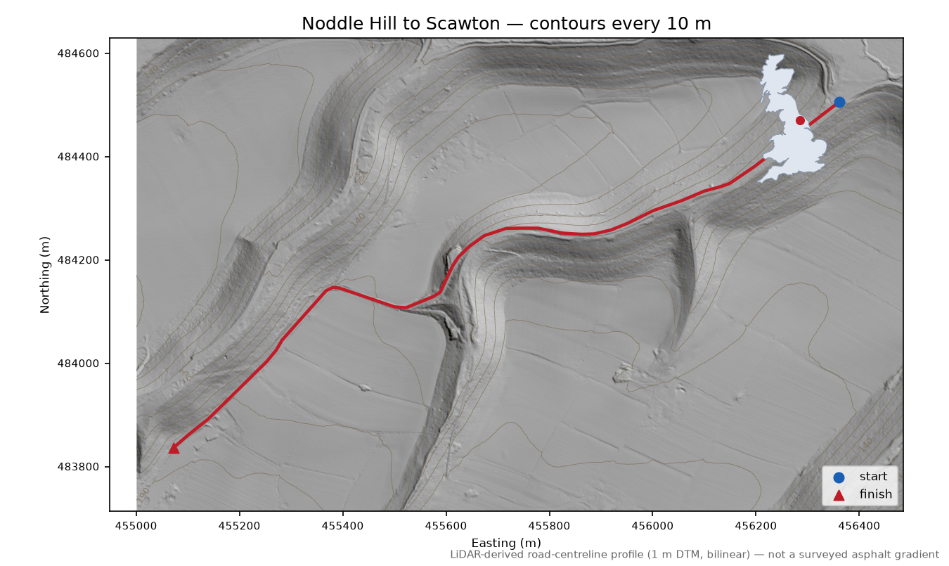 Noddle Hill to Scawton LiDAR hillshade map with contours
