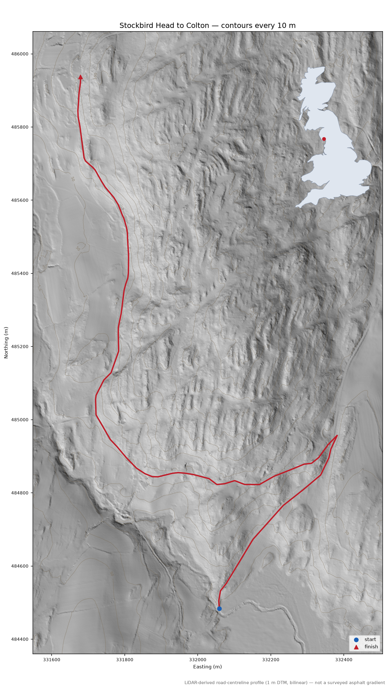 Stockbird Head to Colton LiDAR hillshade map with contours
