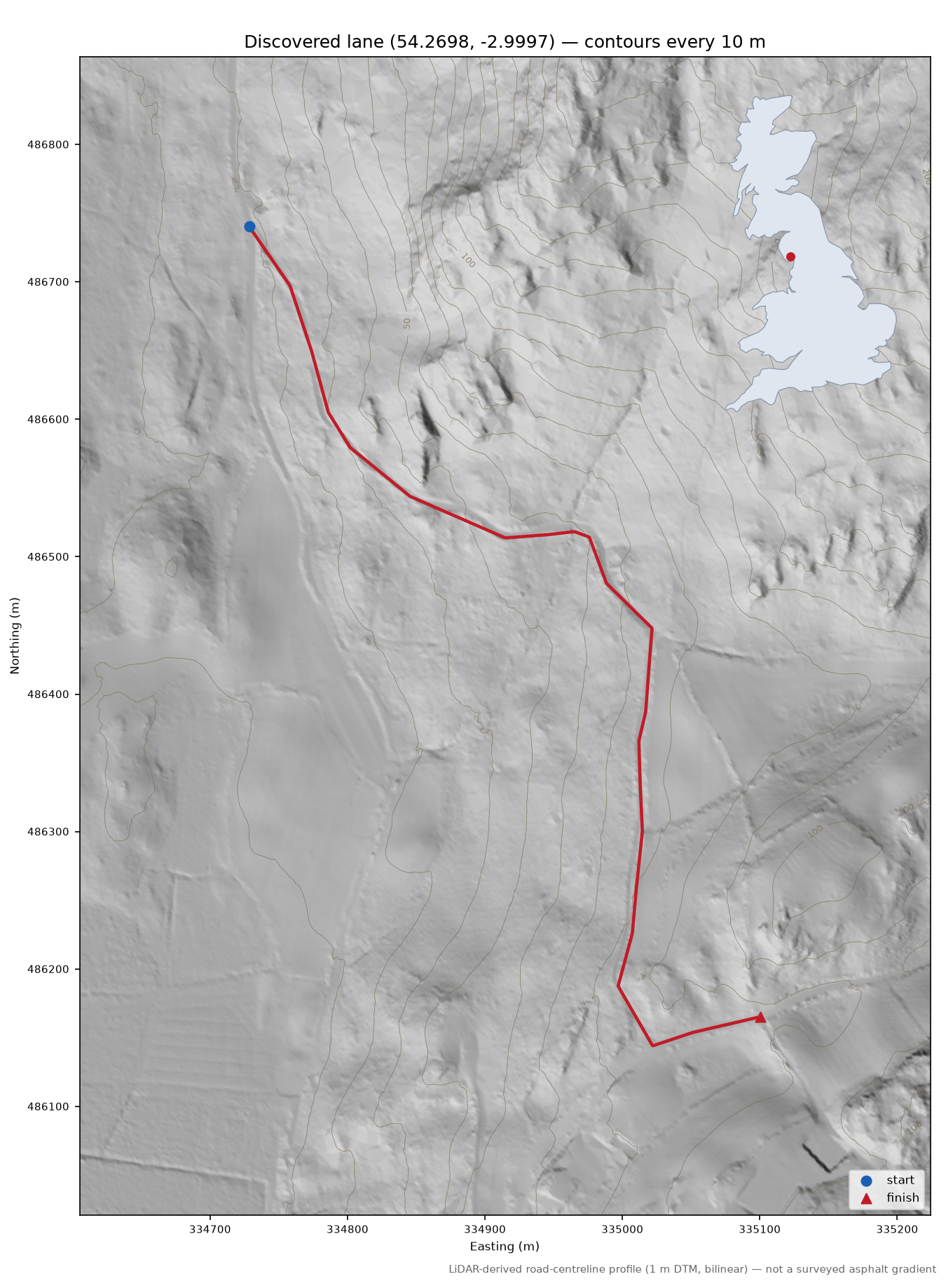 Lane near Huddleston Hill LiDAR hillshade map with contours