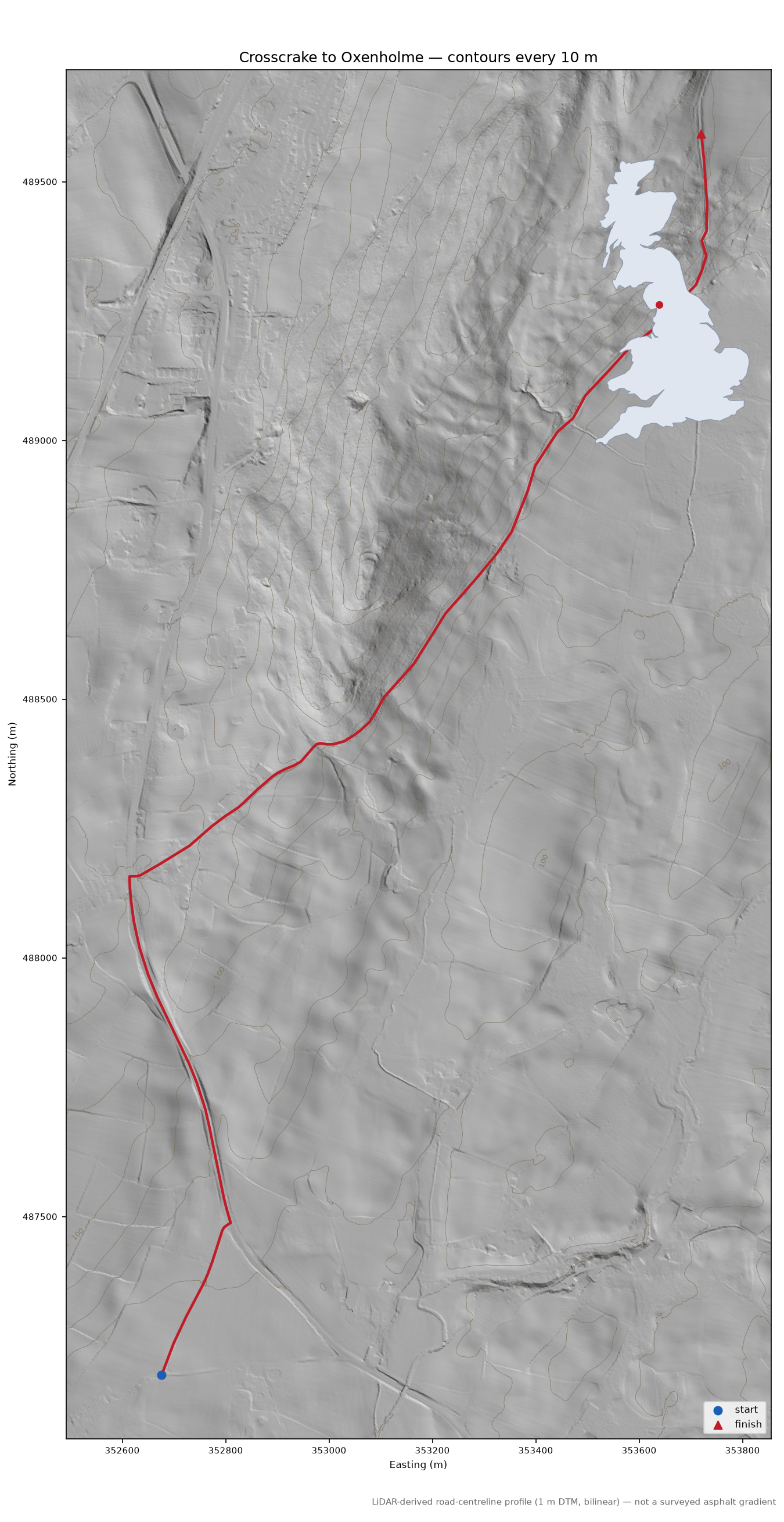 Crosscrake to Oxenholme LiDAR hillshade map with contours