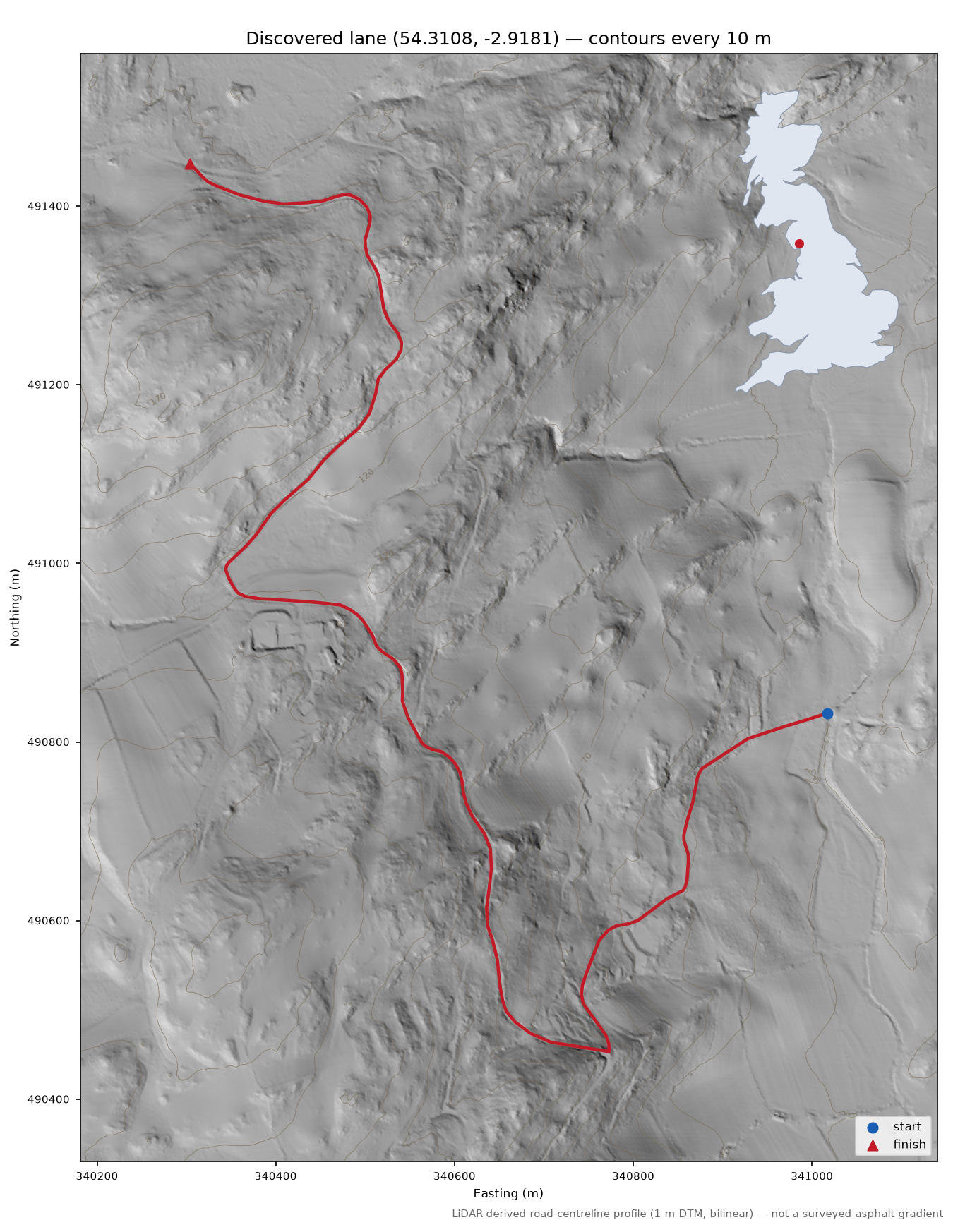 Watch Knott to Ludderburn Hill LiDAR hillshade map with contours