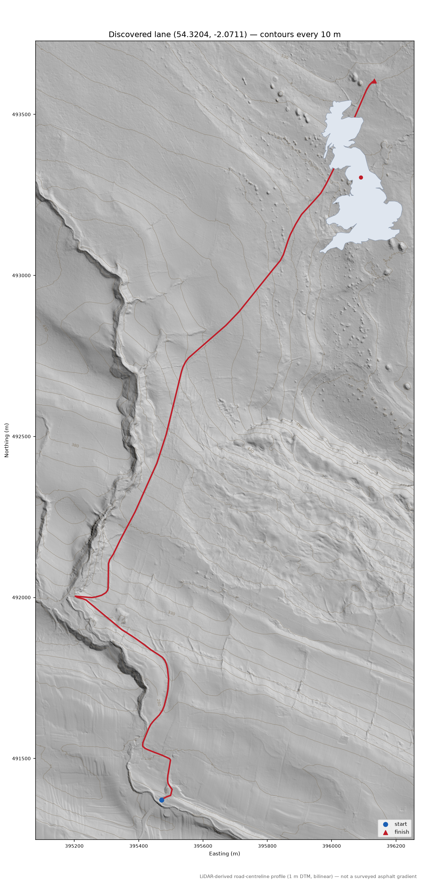 Newbiggin to Conny Tammy Currack LiDAR hillshade map with contours