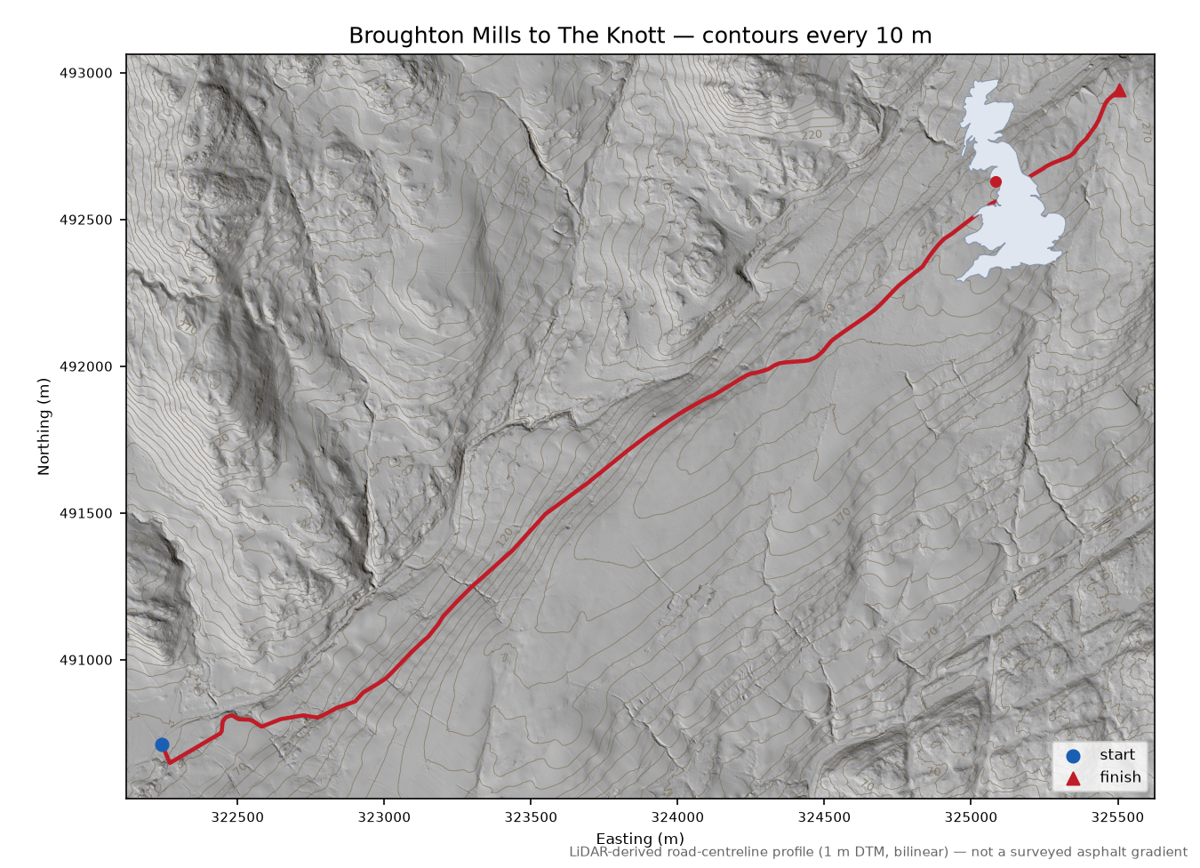 Broughton Mills to The Knott LiDAR hillshade map with contours