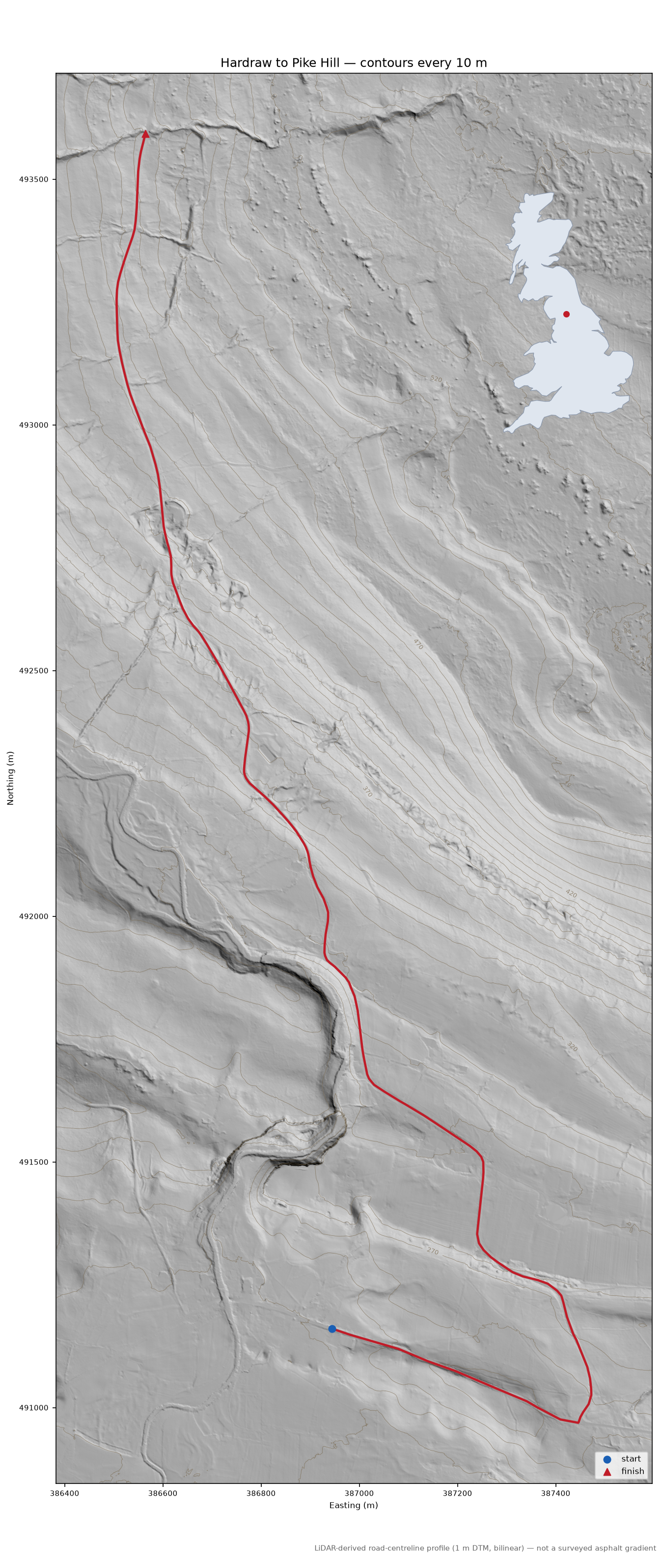 Hardraw to Pike Hill LiDAR hillshade map with contours