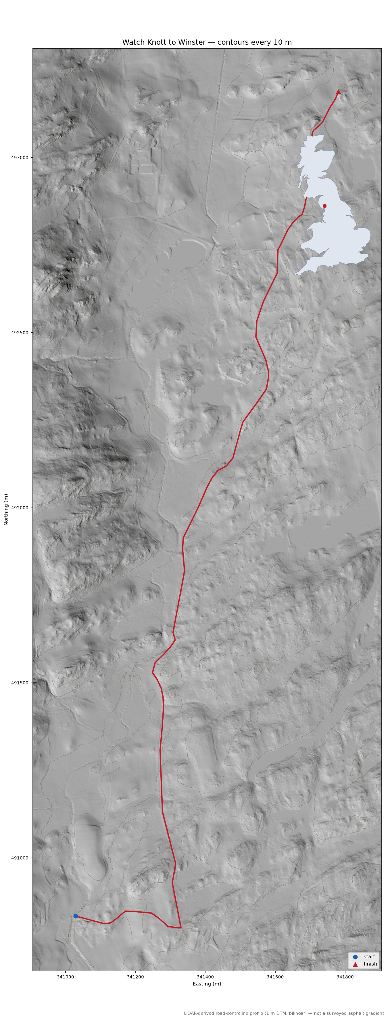 Watch Knott to Winster LiDAR hillshade map with contours