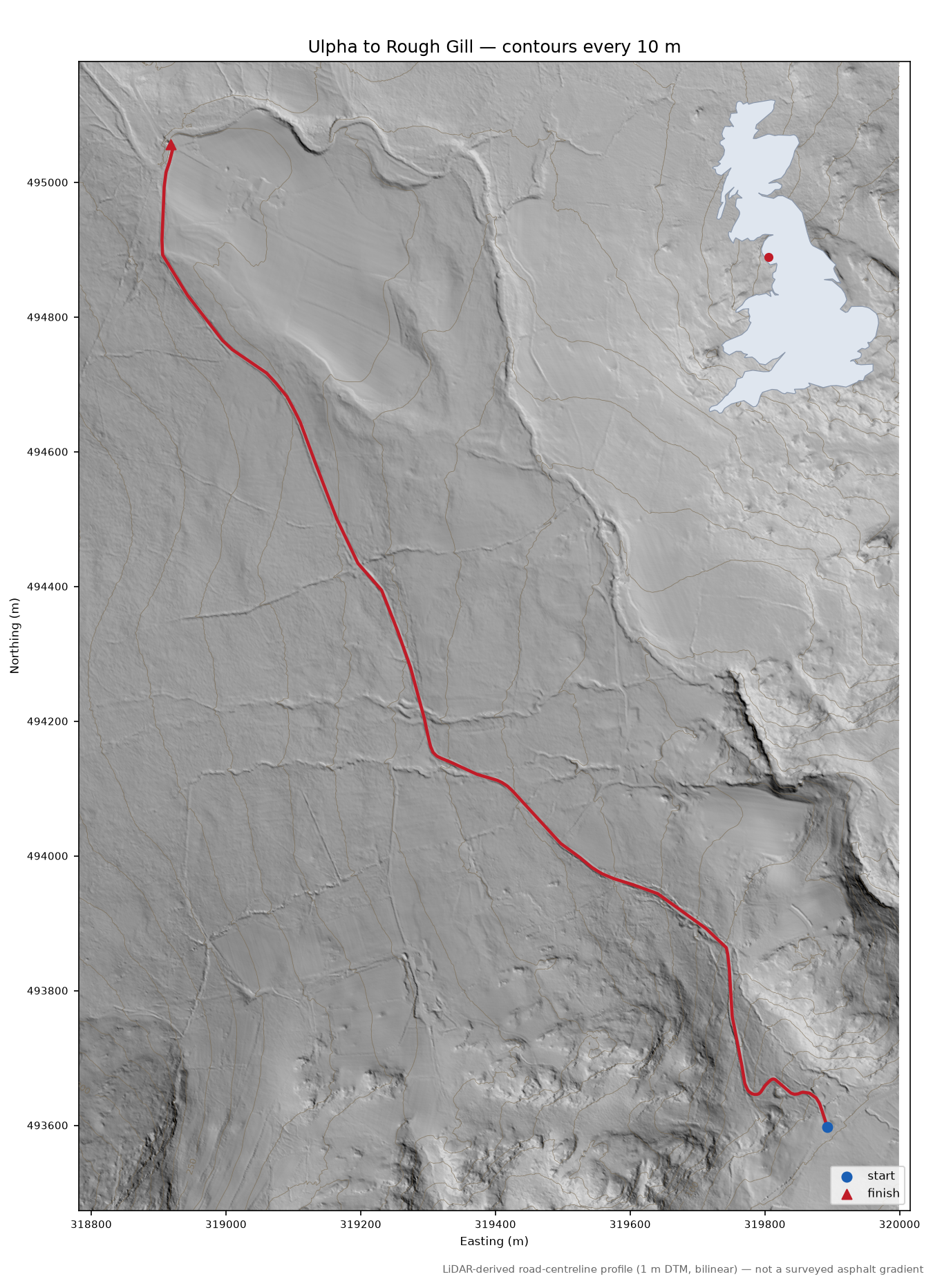 Ulpha to Rough Gill LiDAR hillshade map with contours