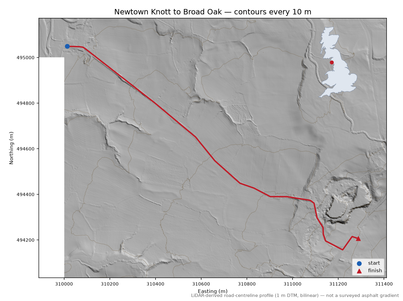 Newtown Knott to Broad Oak LiDAR hillshade map with contours