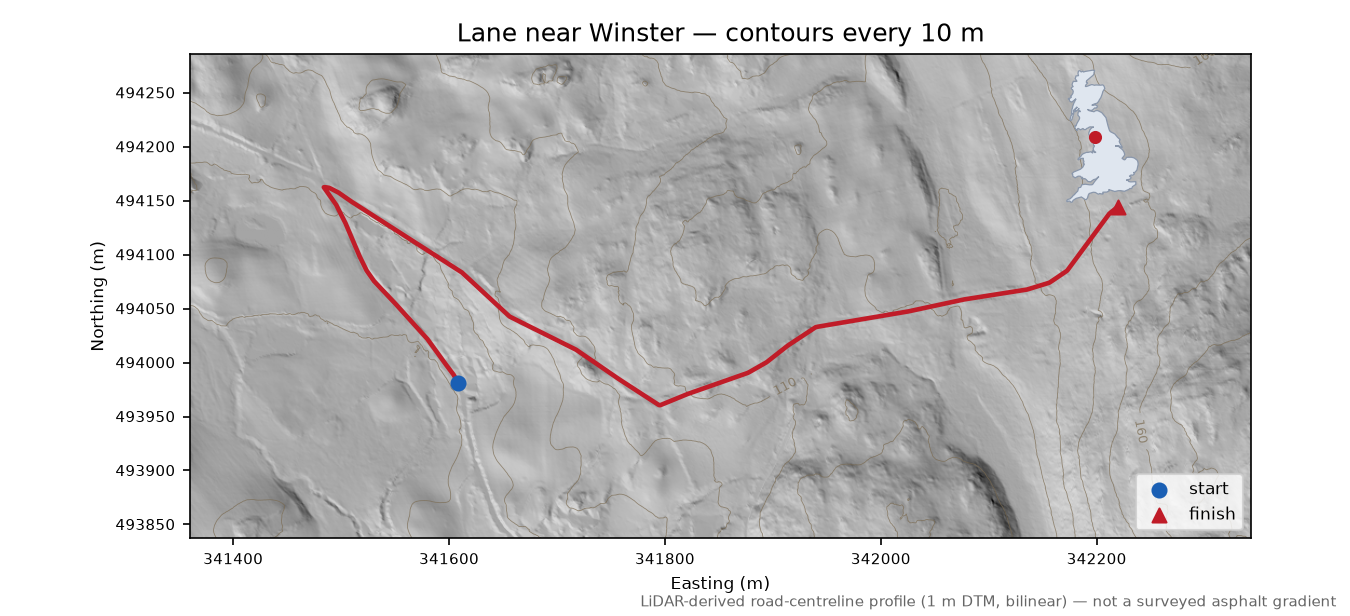 Lane near Winster LiDAR hillshade map with contours