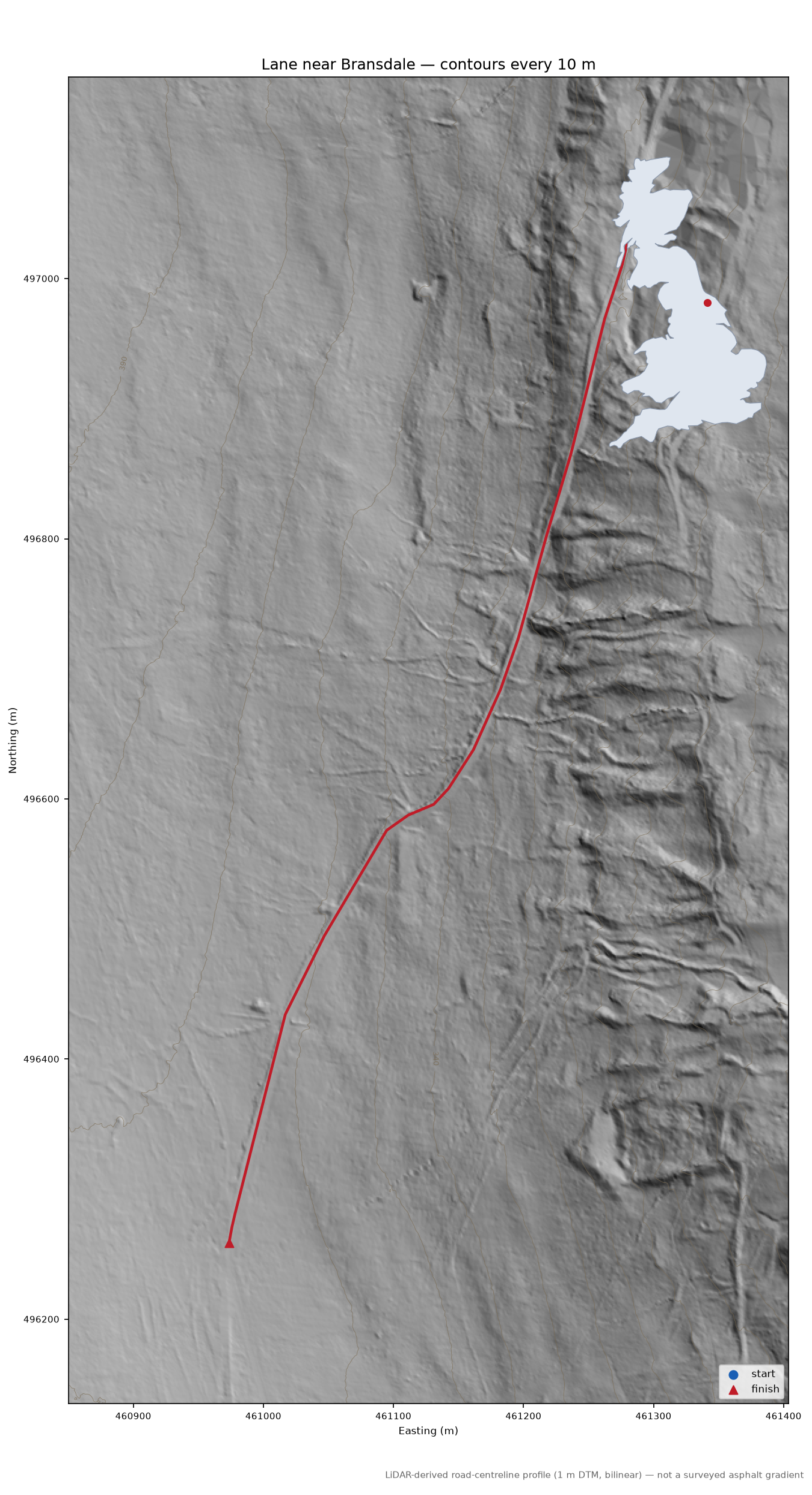 Lane near Bransdale LiDAR hillshade map with contours