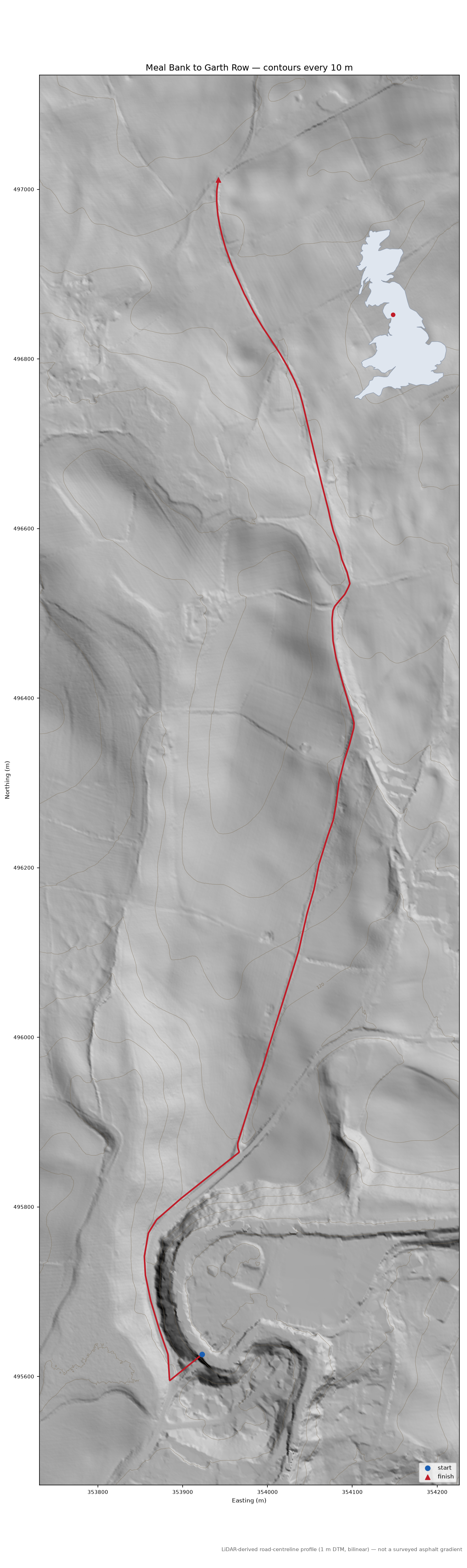 Meal Bank to Garth Row LiDAR hillshade map with contours