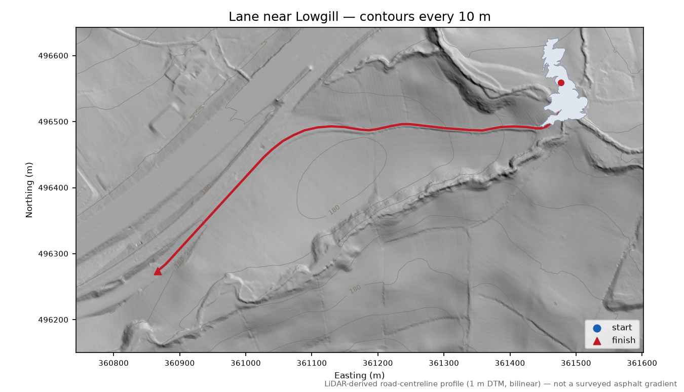 Lane near Lowgill LiDAR hillshade map with contours