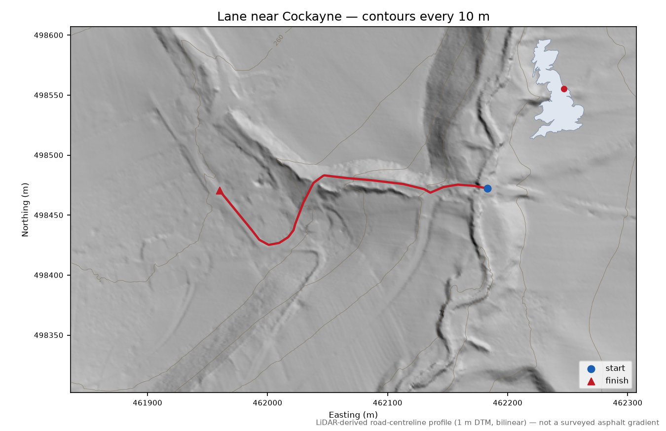 Lane near Cockayne LiDAR hillshade map with contours