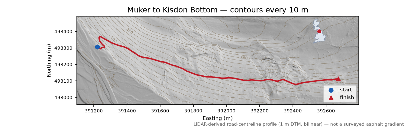 Muker to Kisdon Bottom LiDAR hillshade map with contours