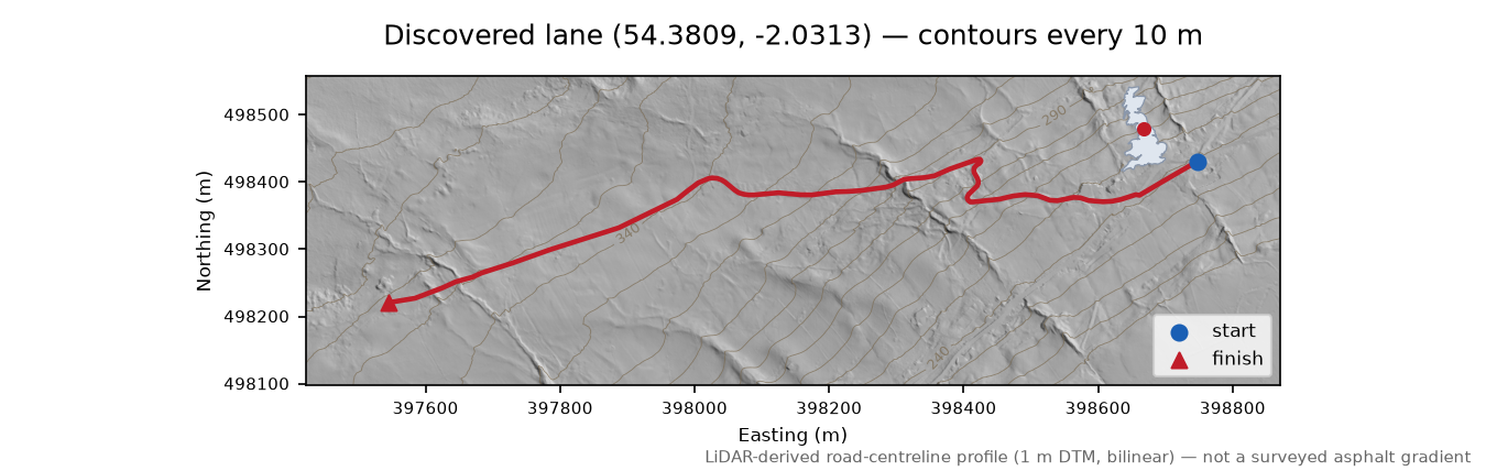 Feetham to Low Row LiDAR hillshade map with contours