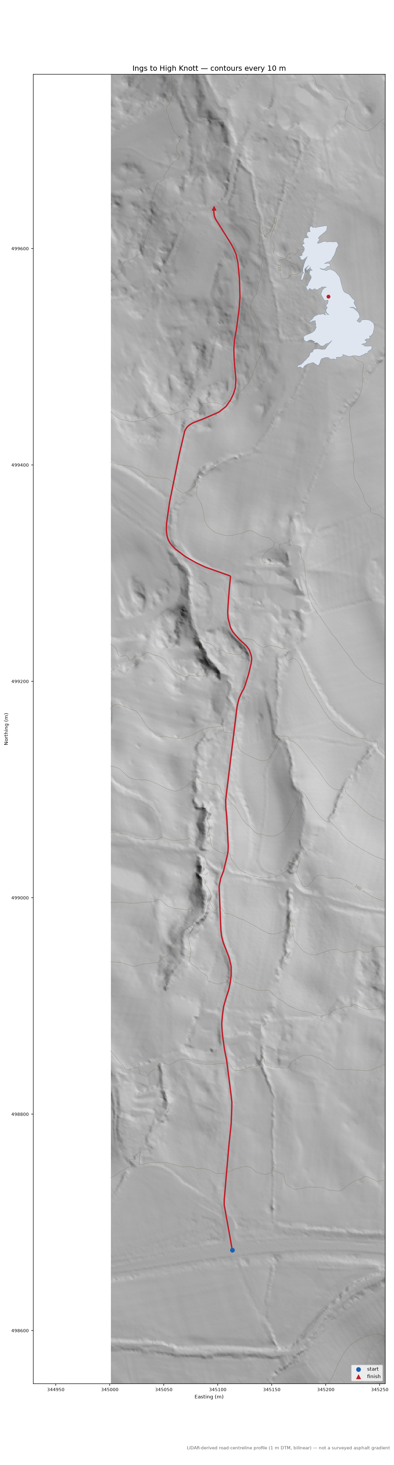Ings to High Knott LiDAR hillshade map with contours