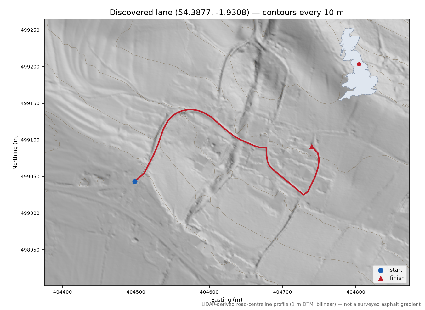 Low Fremington to High Fremington LiDAR hillshade map with contours