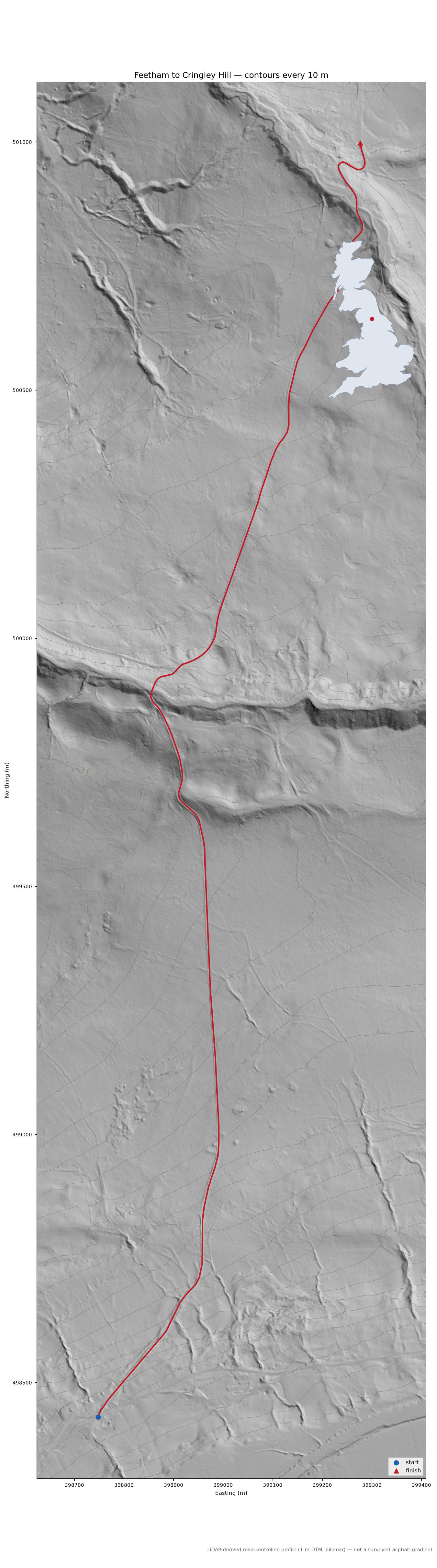 Feetham to Cringley Hill LiDAR hillshade map with contours
