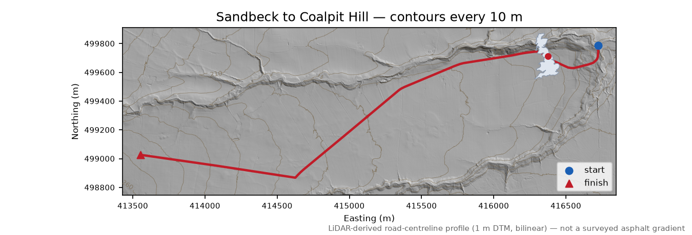 Sandbeck to Coalpit Hill LiDAR hillshade map with contours