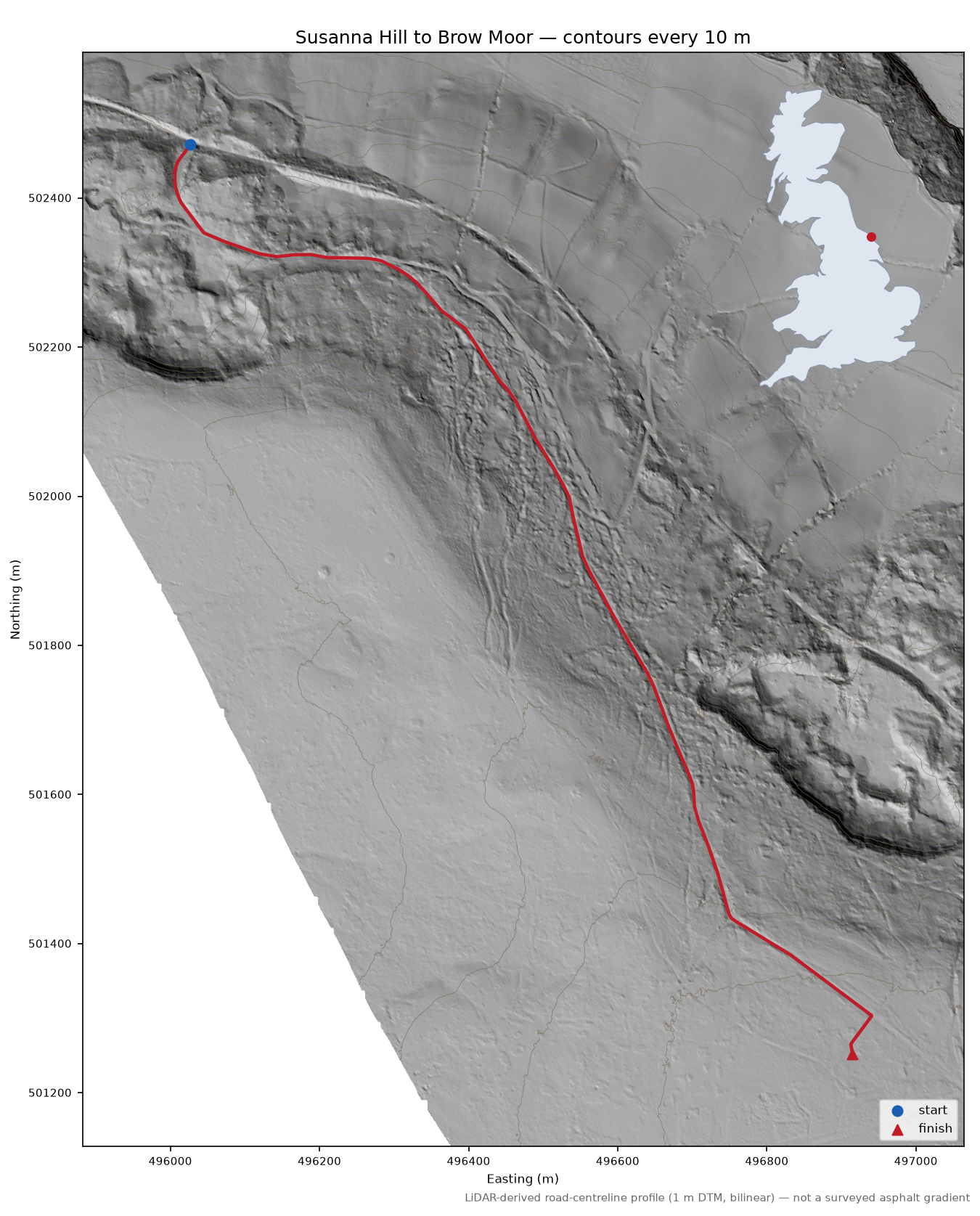 Susanna Hill to Brow Moor LiDAR hillshade map with contours