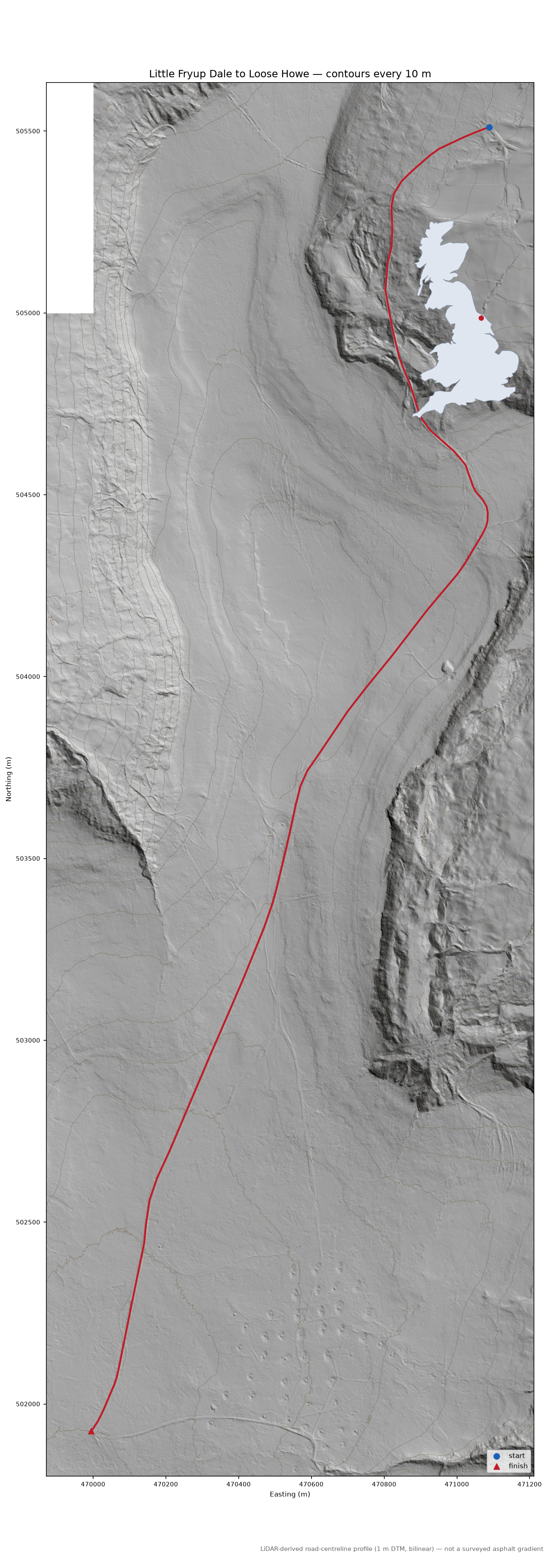 Little Fryup Dale to Loose Howe LiDAR hillshade map with contours