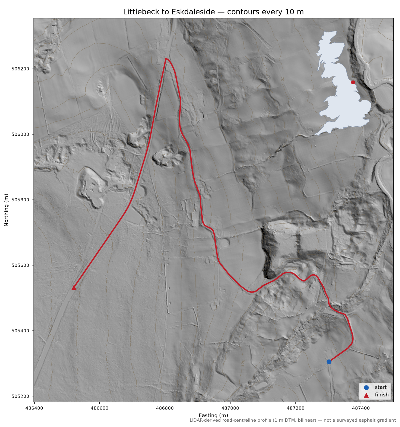 Littlebeck to Eskdaleside LiDAR hillshade map with contours
