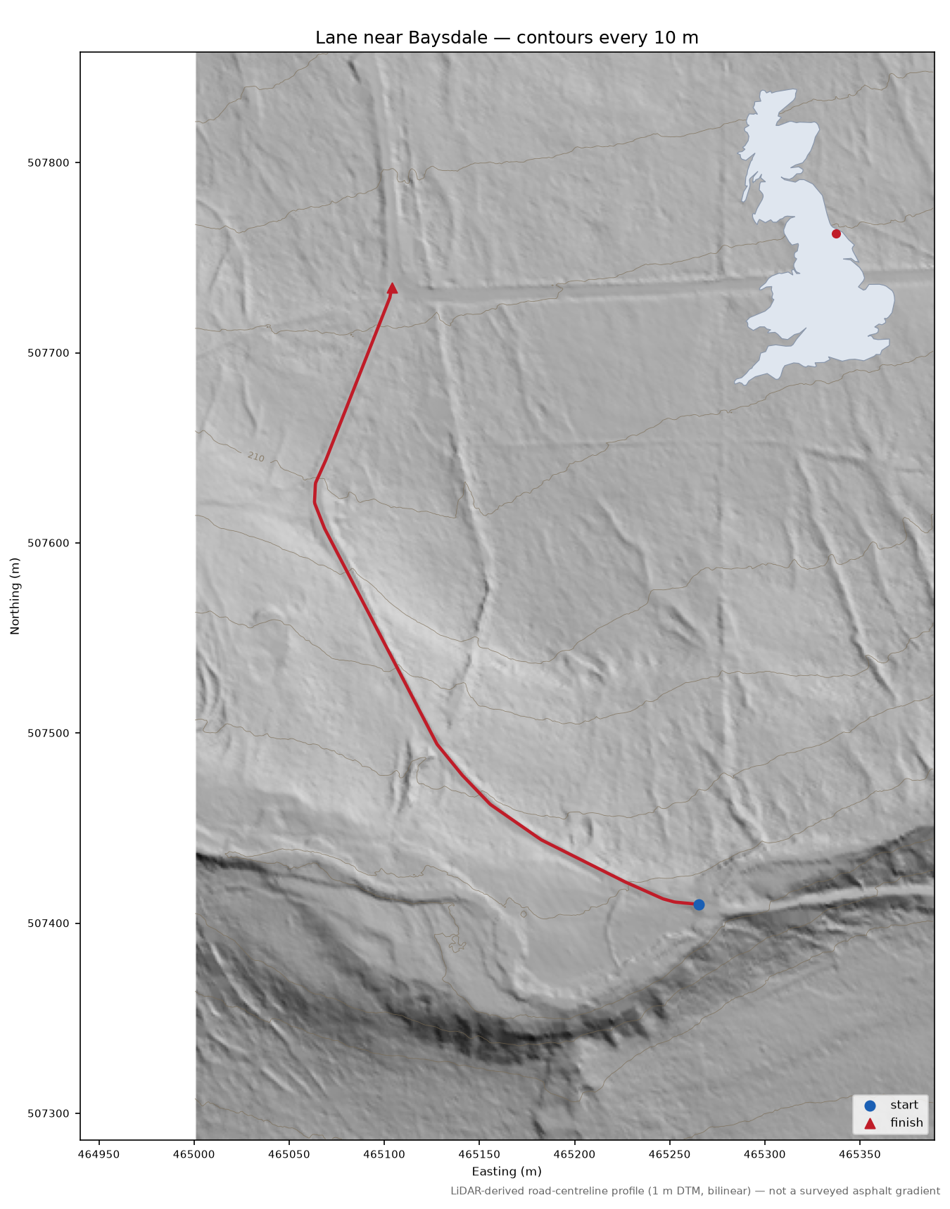 Lane near Baysdale LiDAR hillshade map with contours