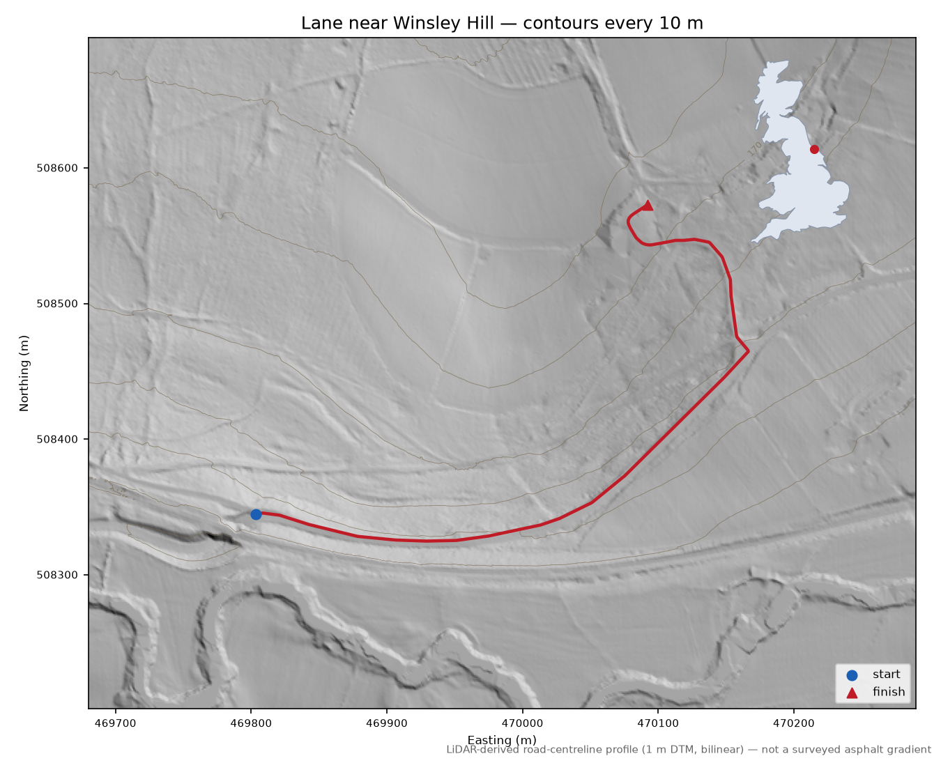 Lane near Winsley Hill LiDAR hillshade map with contours