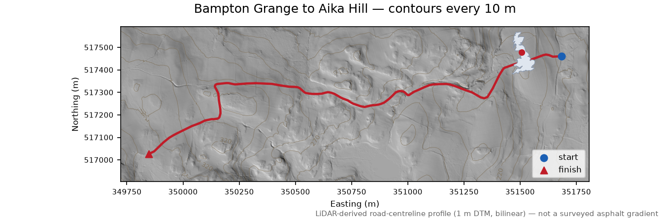 Bampton Grange to Aika Hill LiDAR hillshade map with contours