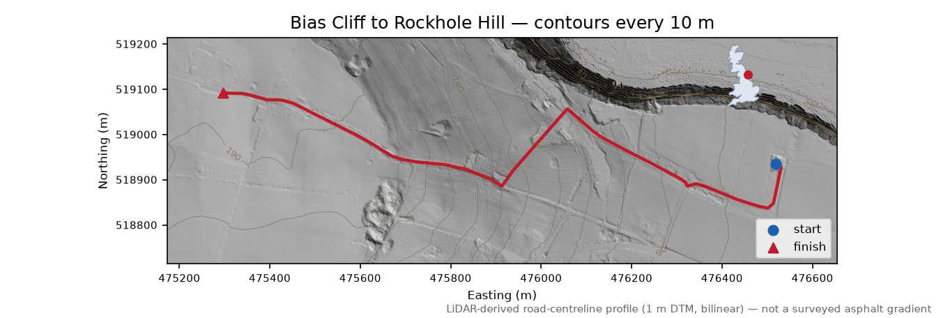 Bias Cliff to Rockhole Hill LiDAR hillshade map with contours