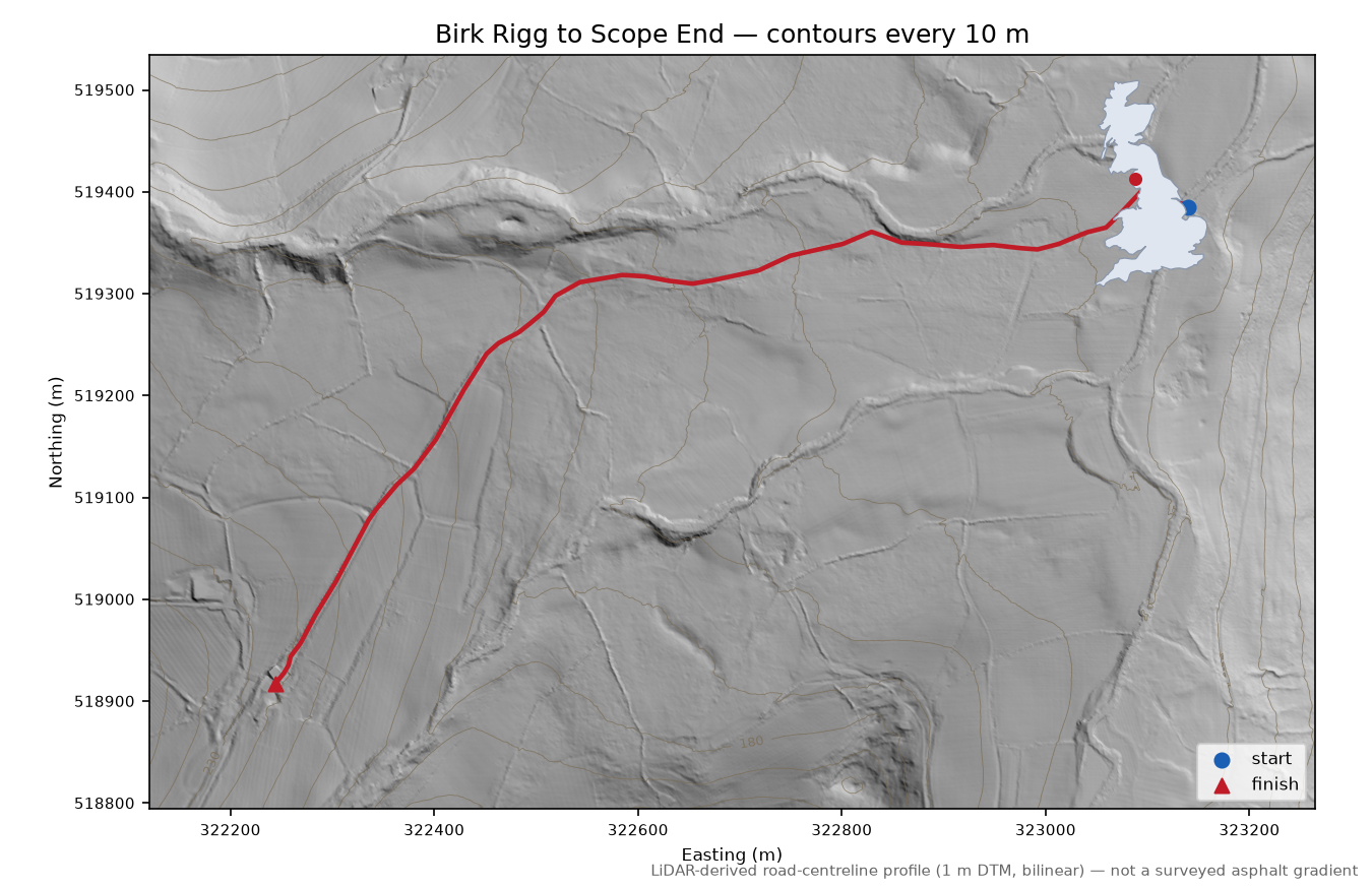 Birk Rigg to Scope End LiDAR hillshade map with contours