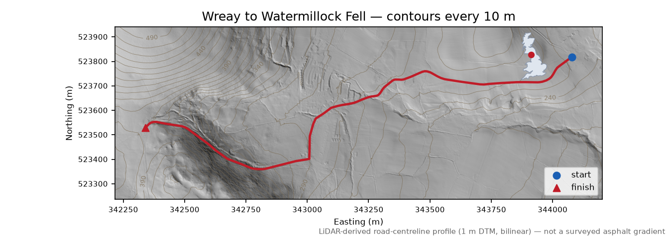 Wreay to Watermillock Fell LiDAR hillshade map with contours