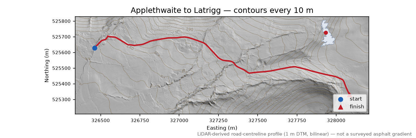 Applethwaite to Latrigg LiDAR hillshade map with contours