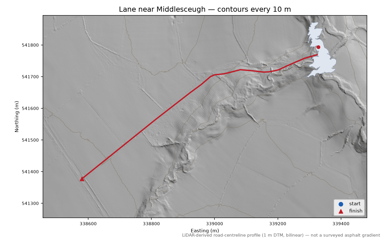 Lane near Middlesceugh LiDAR hillshade map with contours