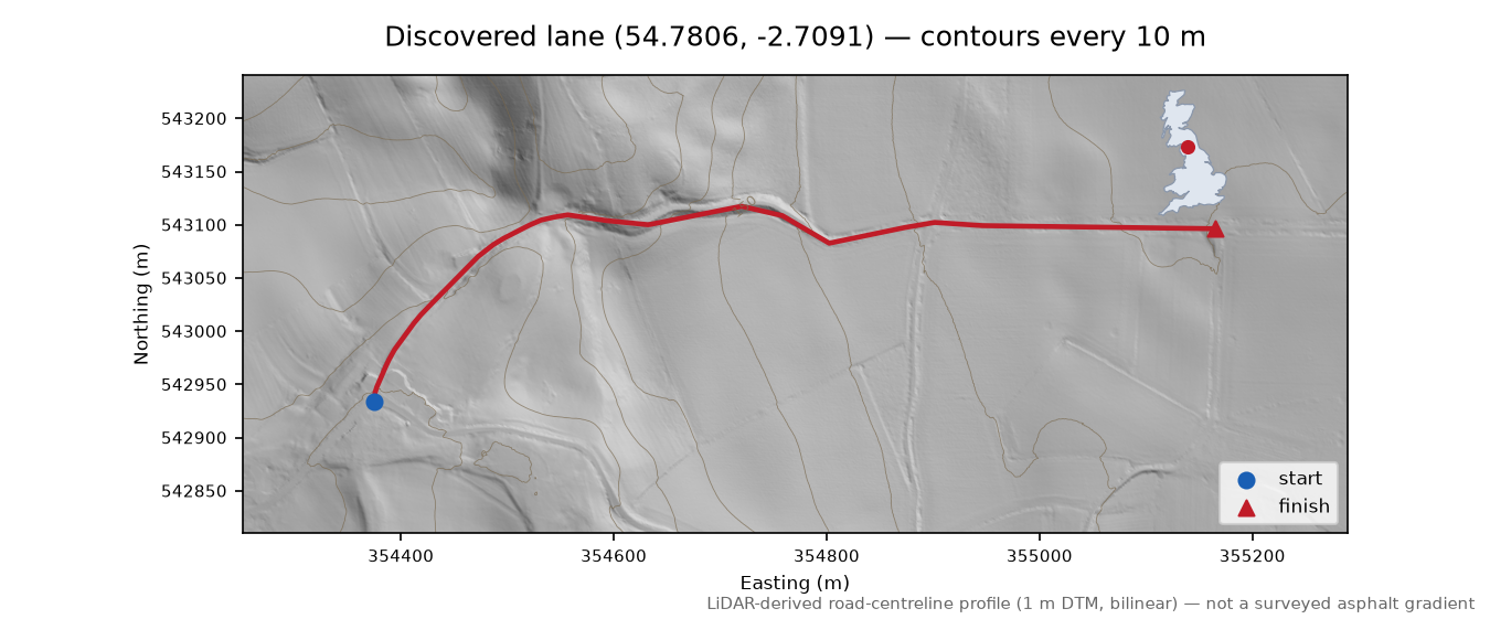 Lane near Staffield LiDAR hillshade map with contours