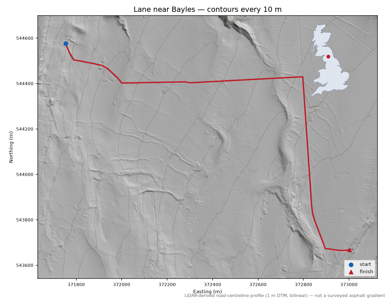 Lane near Bayles LiDAR hillshade map with contours