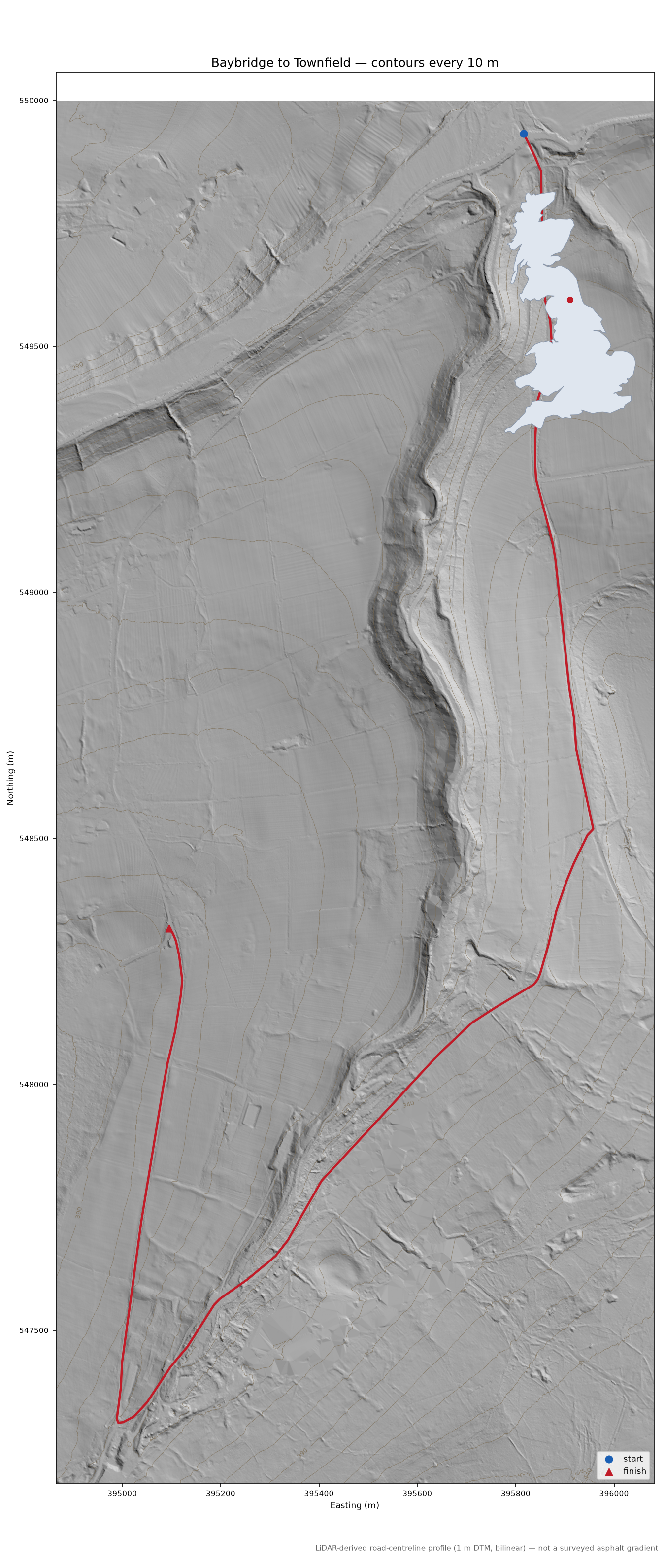 Baybridge to Townfield LiDAR hillshade map with contours